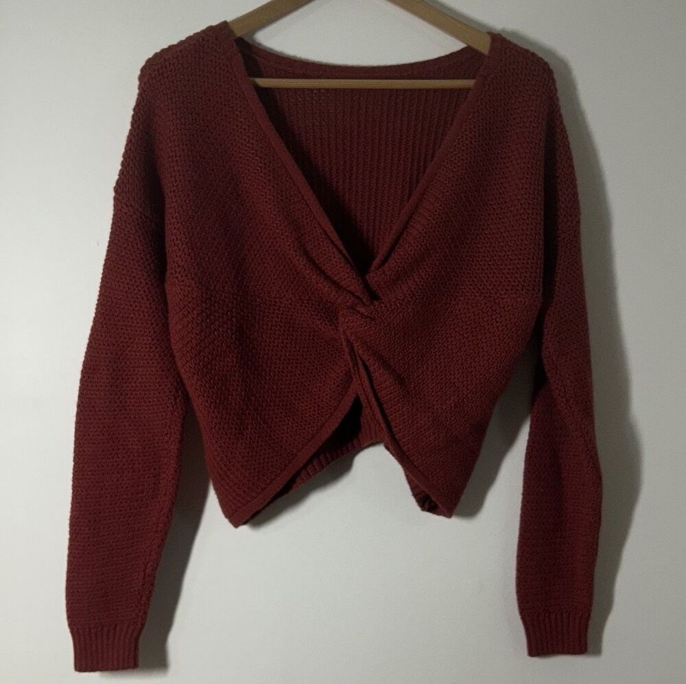 Hollister Cropped Sweater Womens M Rust Orange Fuzzy Knit Knot Front Cozy Boho